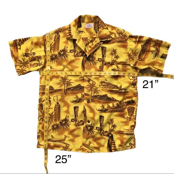 Vintage Fashions of Hawaii 1950s 1960s authentic yellow Hawaiian shirt medium - Picture 2 of 16
